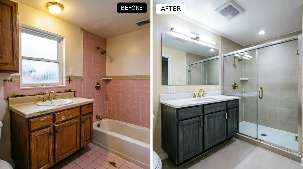 1970s pink tile bathroom with water damaged oak vanity and condensation issues renovated to gray porcelain tile dark floating vanity frameless glass shower enclosure and ceiling mounted exhaust fan for humidity control