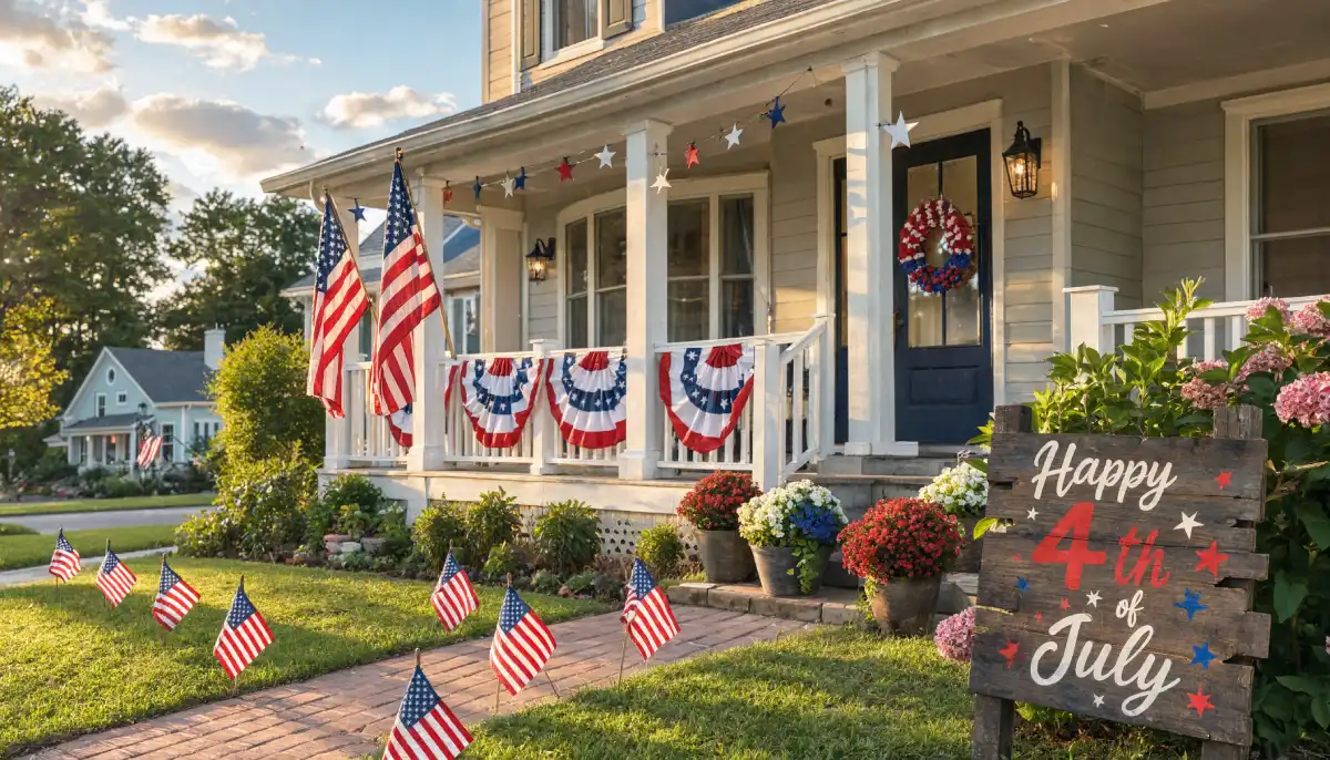 Patriotic front porch with American flags, bunting, and a Happy 4th of July wooden sign.