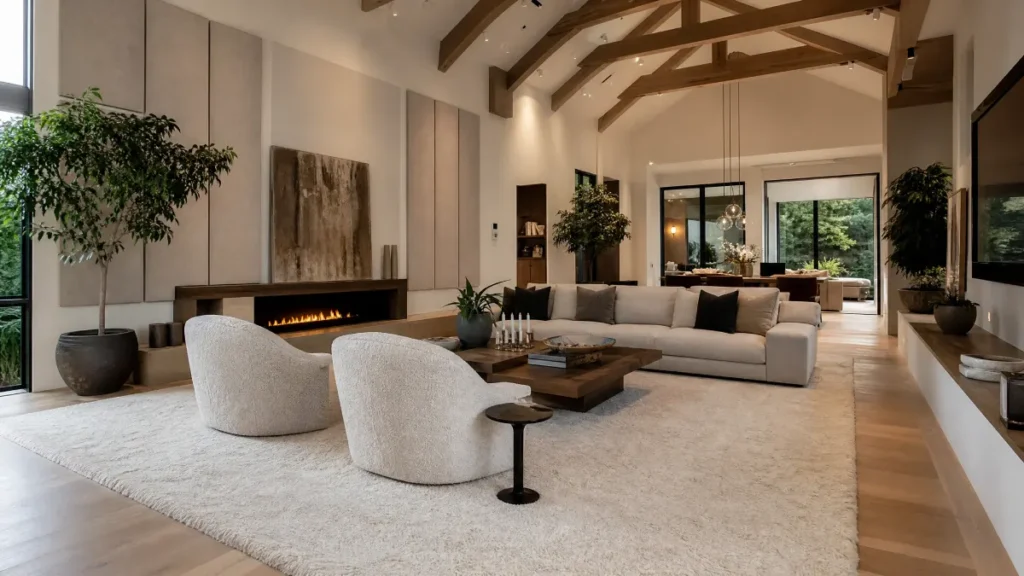 Modern California living room with high vaulted ceilings featuring a large plush area rug, upholstered furniture, and acoustic wall panels to reduce echo and improve sound quality.