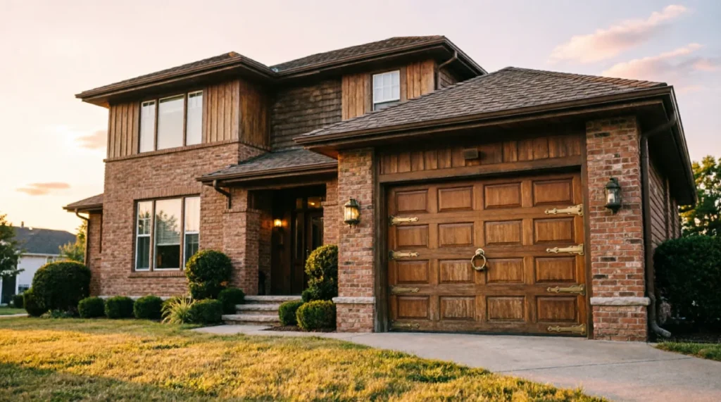 How to Align Garage Design with Your Home’s Architectural Style A view of a heritage-style home featuring a carriage-house garage door that perfectly aligns with the home's architectural style, showcasing period-accurate hardware and warm exterior materials.
