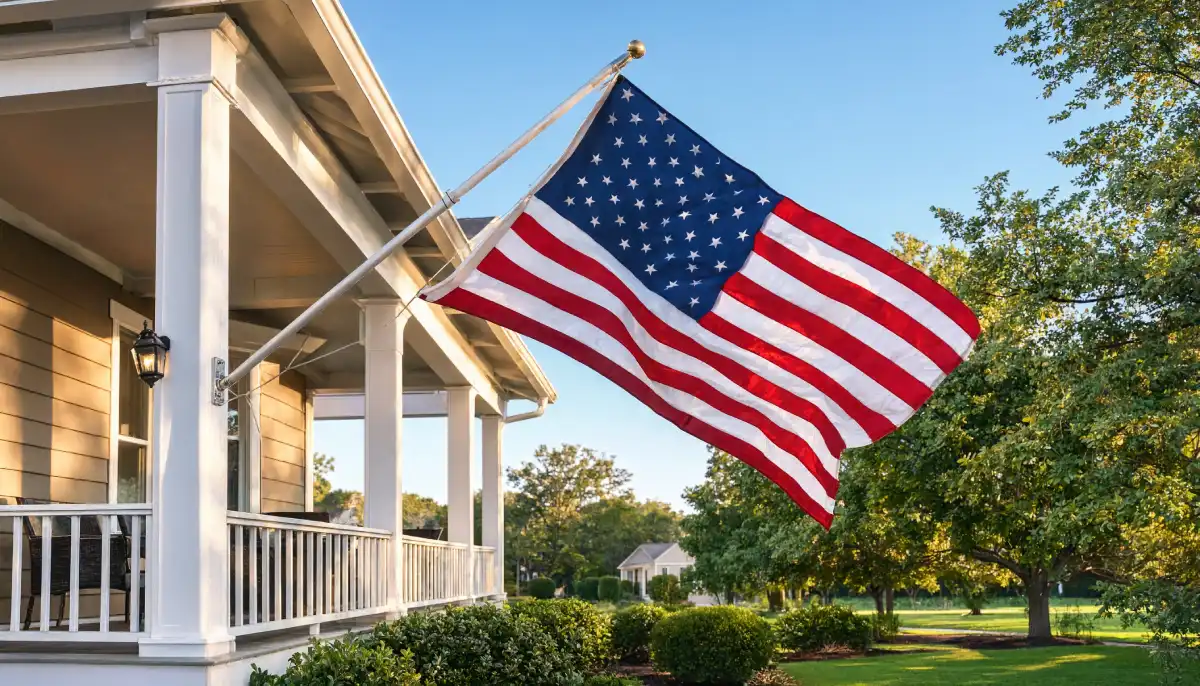 American flag displayed on a front porch with white columns overlooking a landscaped suburban yard under a clear blue sky