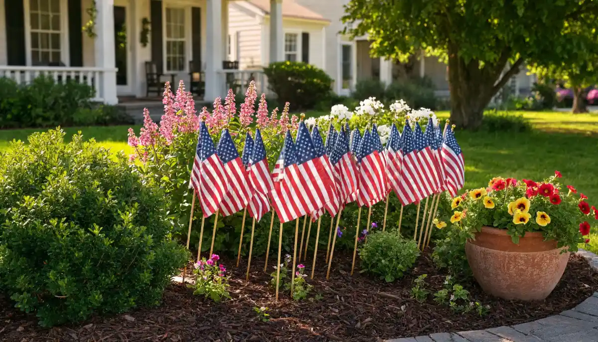 American flags displayed in a colorful front yard flower bed outside a suburban home with blooming pink and white flowers
