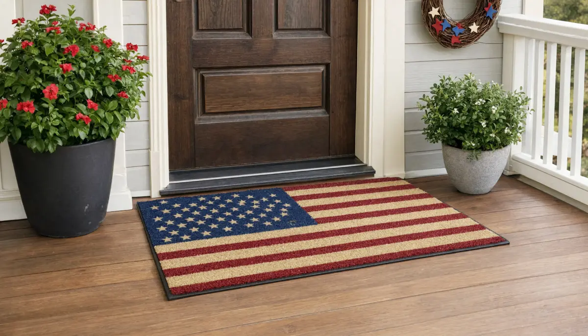 American flag doormat on a wooden porch with potted plants and a star wreath.