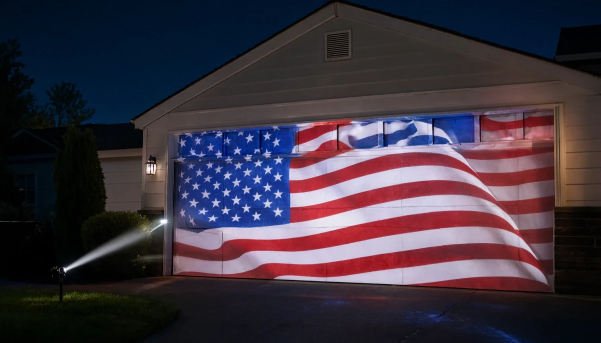 Large American flag projected onto a garage door at night.