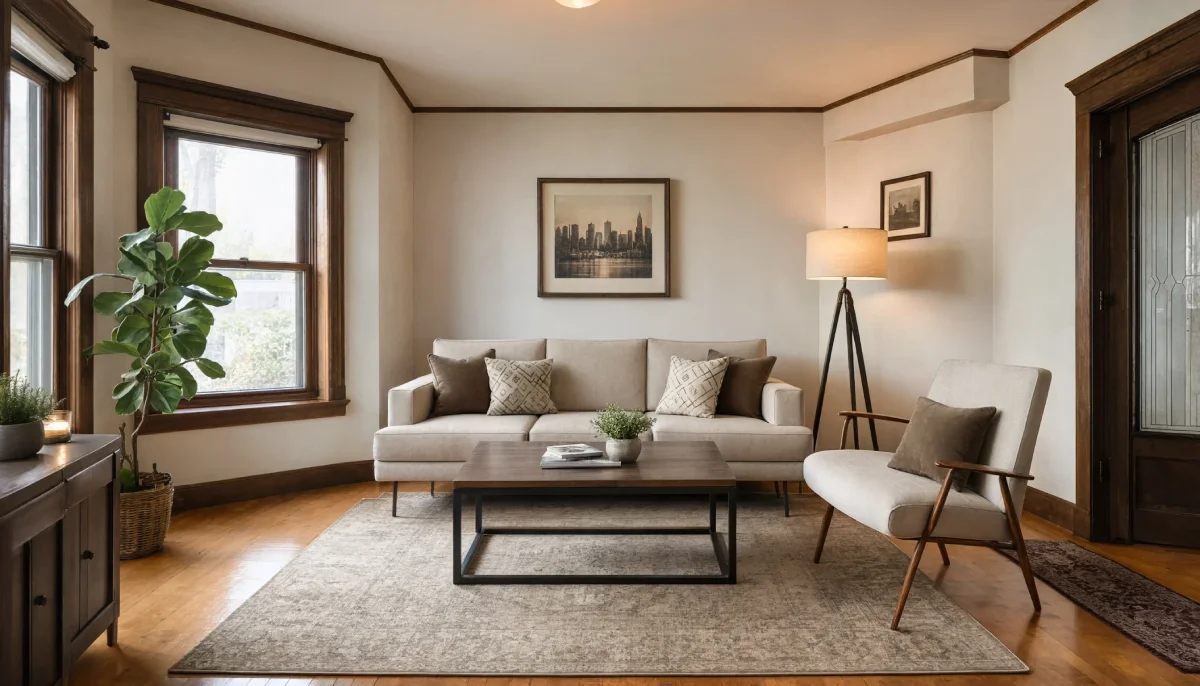 Modern living room with beige sectional sofa, dark wood coffee table with metal frame, tripod floor lamp, fiddle leaf fig plant beside wood-framed windows, hardwood floors with neutral area rug, and framed cityscape wall art.