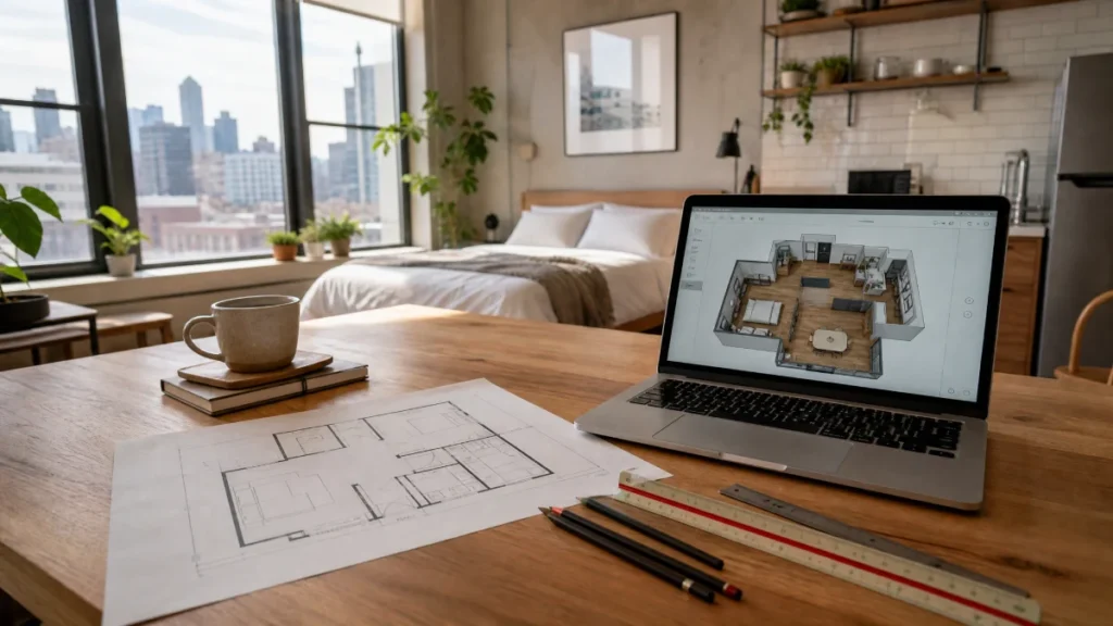 Architect's wooden desk with printed floor plans, laptop displaying 3D room rendering, pencils and rulers, ceramic coffee mug, bedroom and kitchen area in background, city skyline through large windows