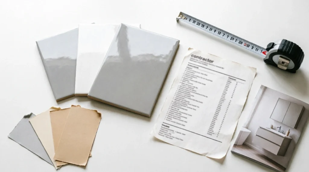 Bathroom Remodel Ideas for Small Homes in Florida (That Actually Work) - Remodeling - Homedecortoday Bathroom remodel planning materials flat-lay with gray and white porcelain tile samples, contractor cost estimate sheet, metal tape measure, neutral paint swatches, and floating vanity brochure on white surface for renovation budgeting