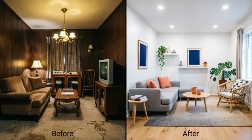 Budget small home interior transformation showing before state with dark wood paneling, bulky furniture, and brass fixtures converted to after with white walls, sectional sofa, floating shelves, light wood floors, and strategic storage in 150 square foot living room makeover