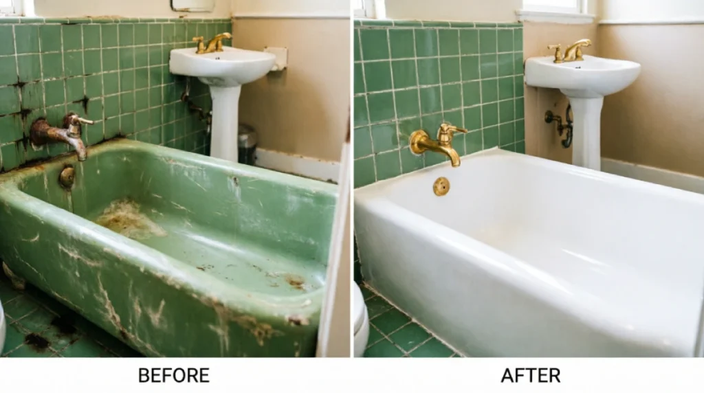Before and after bathroom showing stained avocado green bathtub with worn surface professionally reglazed to glossy white finish, same green tile surround and brass fixtures retained, budget-friendly alternative to full tub replacement