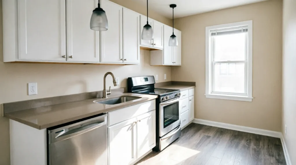 Kitchen Remodeling Cost in New York: What Homeowners Actually Pay in 2026 - Remodeling - Homedecortoday Compact NYC kitchen with painted white cabinets, laminate countertops, stainless steel appliances, and LVP flooring after $20,000 budget-friendly cosmetic renovation