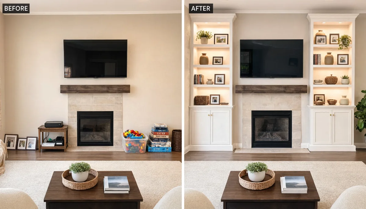 Before and after living room renovation showing the installation of white built-in bookshelves with internal lighting flanking a fireplace and TV, replacing floor clutter like board games and toy bins.