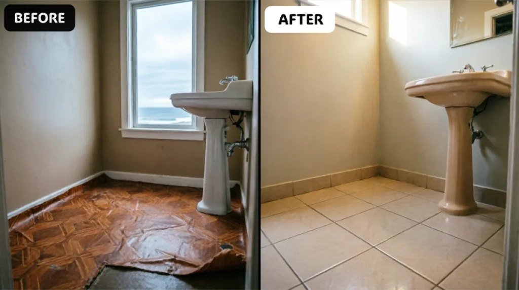 Before and after small coastal bathroom showing worn brown vinyl sheet flooring replaced with beige porcelain tile over electric radiant heating mat system, pedestal sink, ocean view through window