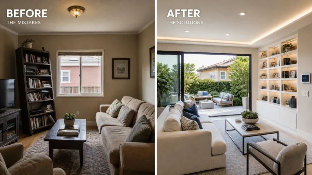 Side-by-side comparison of a living room renovation showing the transition from unanchored furniture and poor lighting to a seismic-safe, Title 24 compliant space with seamless indoor-outdoor patio access.