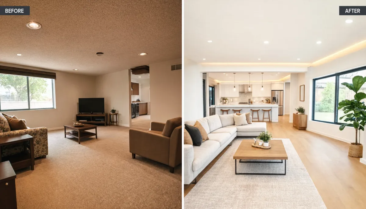 Before and after living room renovation transforming a carpeted space with a popcorn ceiling into a modern open concept room with light hardwood floors, white sectional sofa, and updated kitchen view.