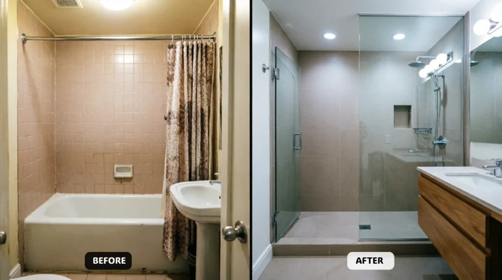 Before and after small bathroom remodel showing 1960s pink tile alcove bathtub with fabric shower curtain transformed into frameless glass walk-in shower with beige large-format tile, recessed lighting, and floating wood vanity