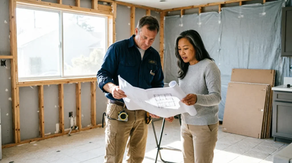 Kitchen Remodeling Cost in California: What Homeowners Actually Pay in 2026 - Remodeling - Homedecortoday California homeowner and contractor reviewing kitchen renovation plans during an active remodel