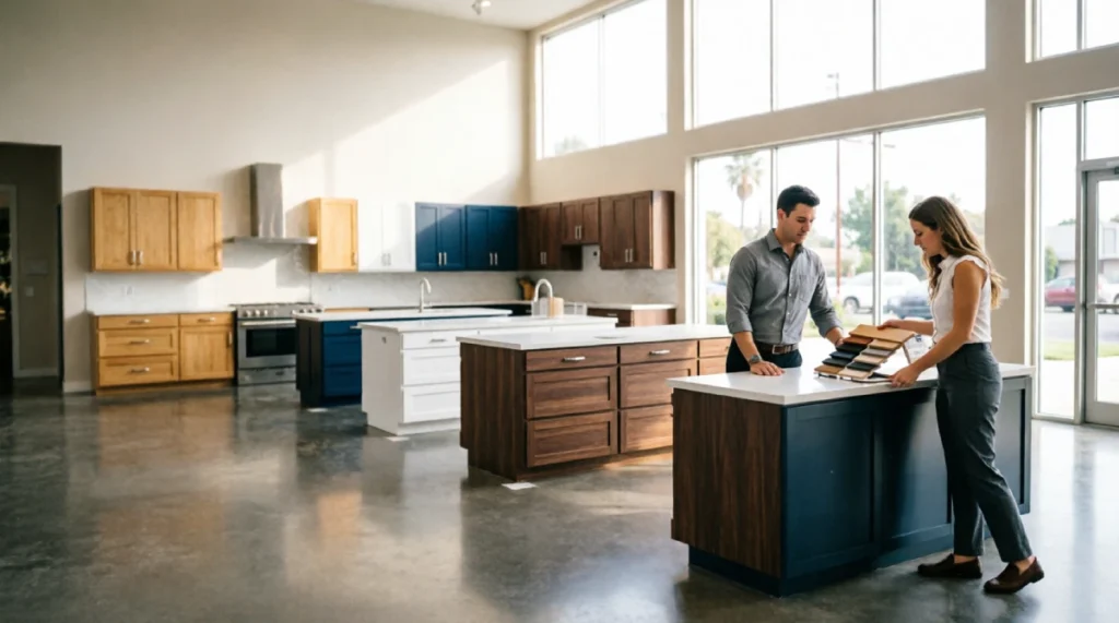 Kitchen Remodeling Cost in California: What Homeowners Actually Pay in 2026 - Remodeling - Homedecortoday Semi-custom kitchen cabinet samples displayed in a California kitchen showroom