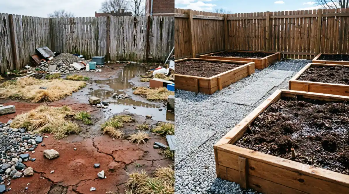 Before and after New York backyard transformation showing muddy compacted soil with standing water converted to cedar raised garden beds filled with dark compost mix and gravel pathways for drainage