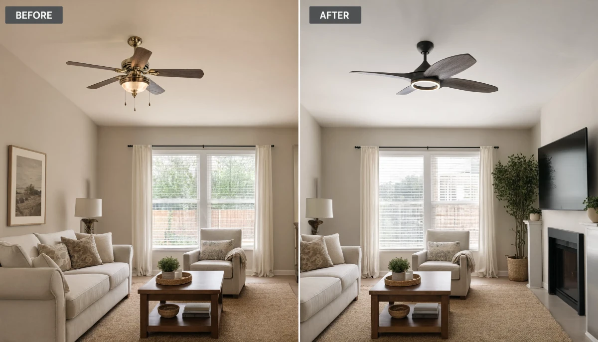 Before and after living room showing replacement of traditional brass ceiling fan with modern matte black fan and addition of fireplace with mounted TV.