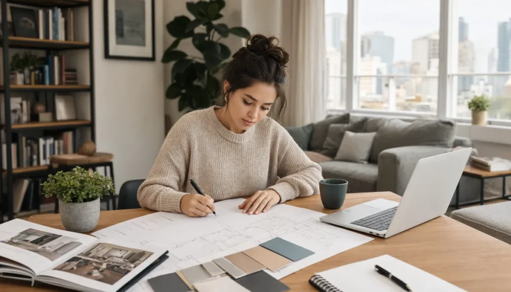 Modern Small Apartment Design Ideas for Chicago's Tight City Spaces - Interior Design - Homedecortoday Interior designer reviewing small apartment floor plans with material samples at desk, Chicago cityscape visible through window