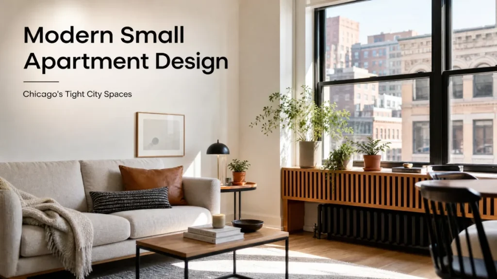 Modern Small Apartment Design Ideas for Chicago’s Tight City Spaces Modern small apartment living room in Chicago with beige sofa, natural wood coffee table, black-framed windows overlooking city buildings, wooden slat console with plants, hardwood floors, and natural daylight