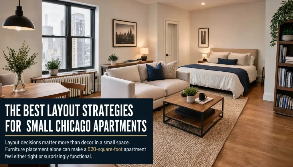 Modern Small Apartment Design Ideas for Chicago's Tight City Spaces - Interior Design - Homedecortoday Open-concept 620-square-foot Chicago studio apartment with defined living and sleeping zones, featuring sofa bed separation, hardwood floors, large windows with city views, and navy accent textiles