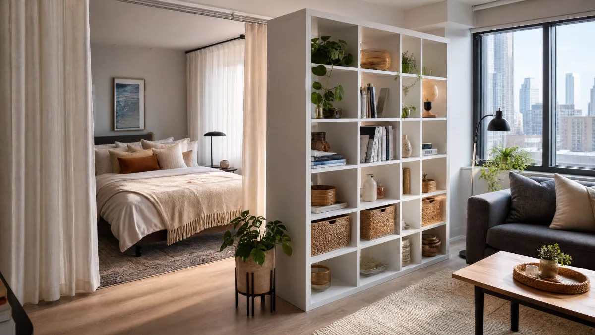 Modern Chicago studio apartment with a white Kallax shelf unit acting as a room divider, separating a cozy bedroom zone with a bed and soft linens from a living area with a sofa and city view. The divider is adorned with plants and books, enhancing both function and aesthetics