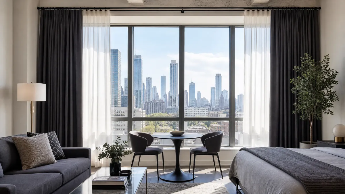 Modern Chicago studio apartment window with a double curtain rod setup, featuring sheer white curtains for diffused light and dark blackout curtains for privacy, overlooking the city skyline