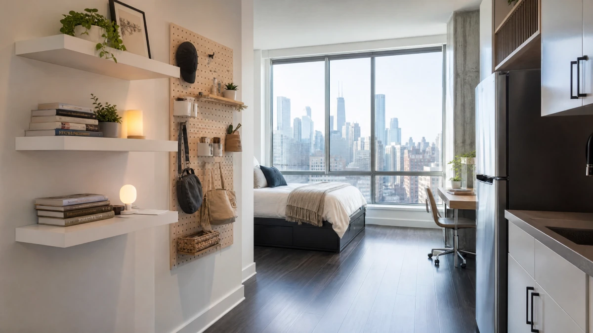 Modern Chicago studio apartment showcasing a wall with three white floating shelves holding books and plants, and an adjacent pegboard organizer with hooks and baskets, demonstrating effective vertical storage solutions to maximize floor space