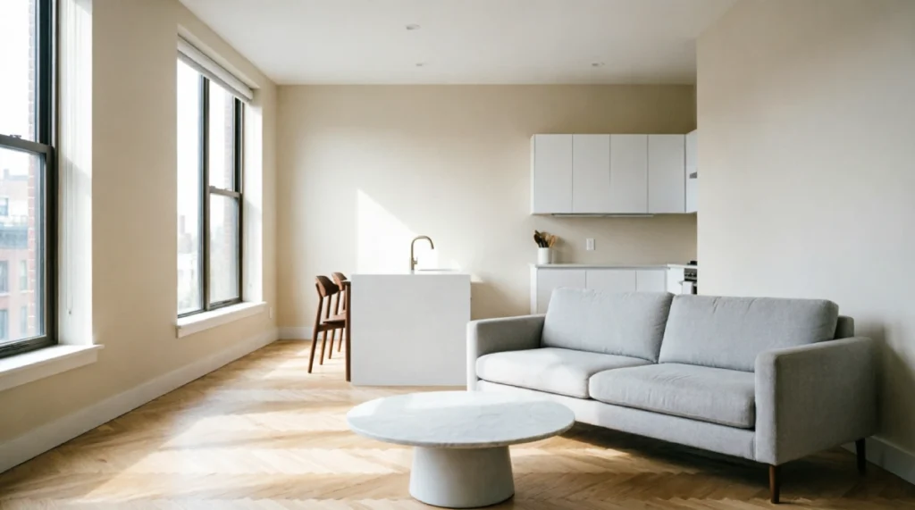 Small New York apartment living room and kitchen with cohesive off-white paint palette, Benjamin Moore White Dove walls, light hardwood floors, natural daylight, open layout showing connected spaces in 800 square foot pre-war unit