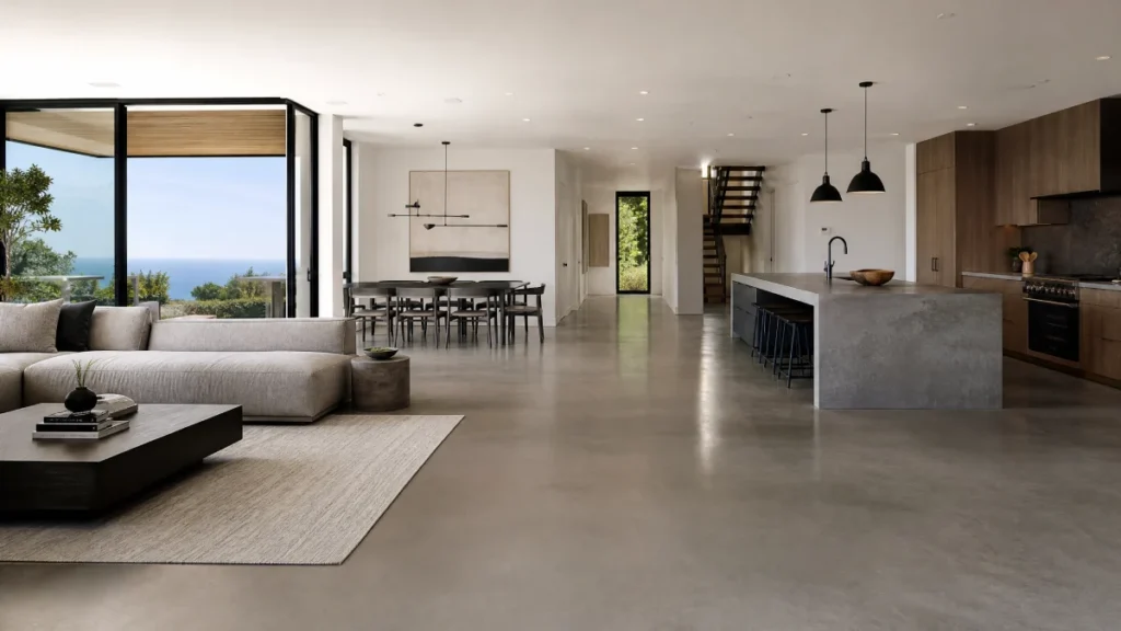 A modern California home featuring seamless polished concrete flooring that connects the living, dining, and kitchen areas for a unified architectural flow.