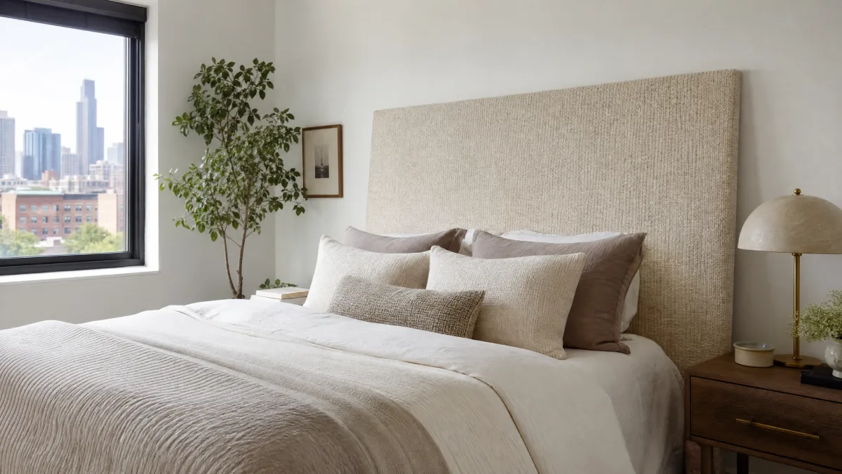 Stylish DIY fabric panel faux headboard leaning against a wall in a modern Chicago rental bedroom, featuring a neatly made bed with neutral linens and a city view from the window. This no-mount solution adds a finished look to the sleeping area