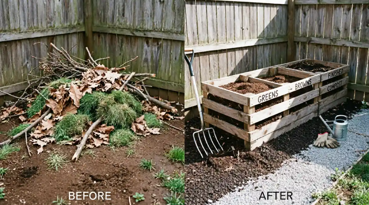Before and after backyard corner showing unmanaged yard waste pile transformed into labeled three-bin composting system built from wooden pallets with sections for greens, browns, and finished compost, gravel access path, and composting tools