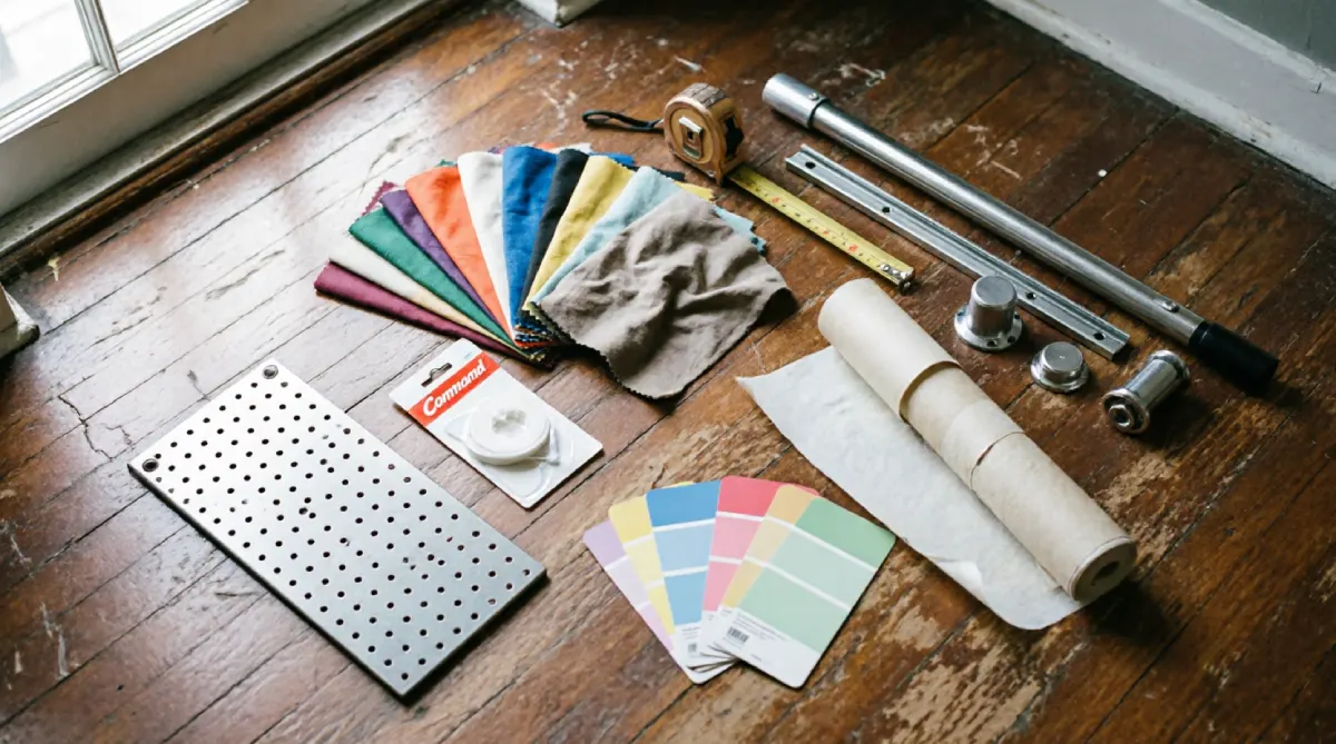 DIY bedroom decor materials on Chicago studio apartment hardwood floor including fabric swatches, pegboard panel, command strips, curtain rod hardware, tape measure, paint samples, and removable wallpaper for budget-friendly zone divider and storage projects