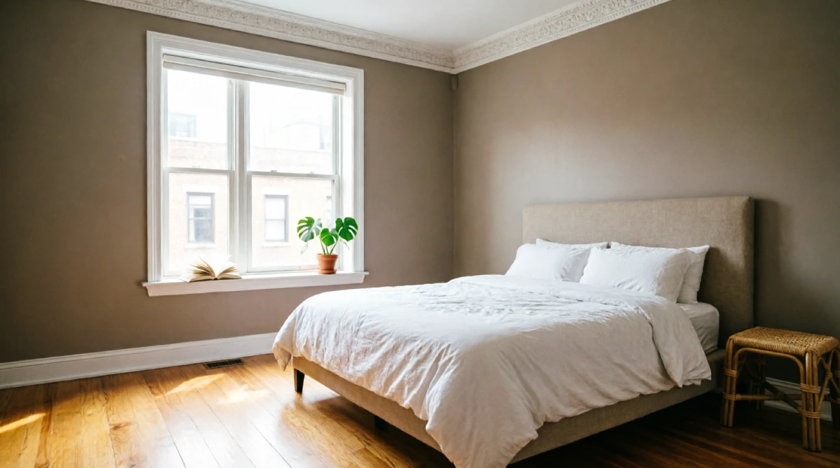 Easy DIY Home Decor Ideas for Bedroom in New York - DIY Projects - Homedecortoday DIY upholstered headboard in natural linen fabric mounted in NYC pre-war bedroom with ornate crown molding and high ceilings, queen bed with white linens, hardwood floors, natural light from double-hung window, rattan side table, taupe walls.