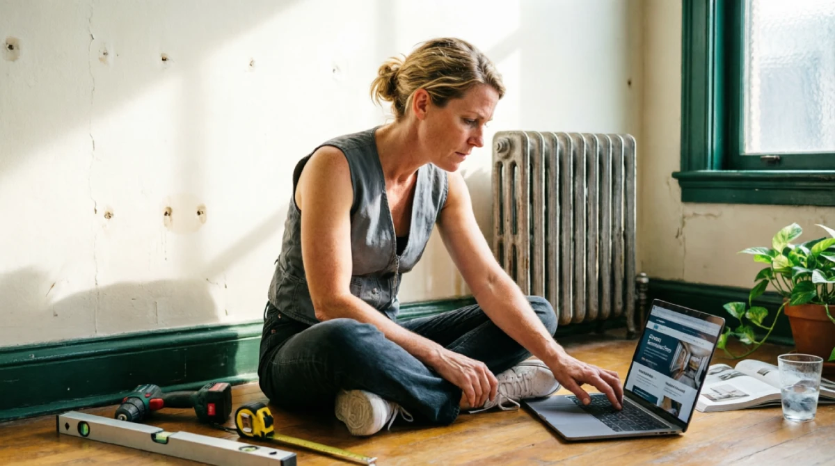 Person researching DIY versus contractor options in Chicago studio apartment, sitting on hardwood floor with drill, level, and tape measure beside laptop displaying home improvement resources, plaster walls and cast iron radiator visible in natural window light