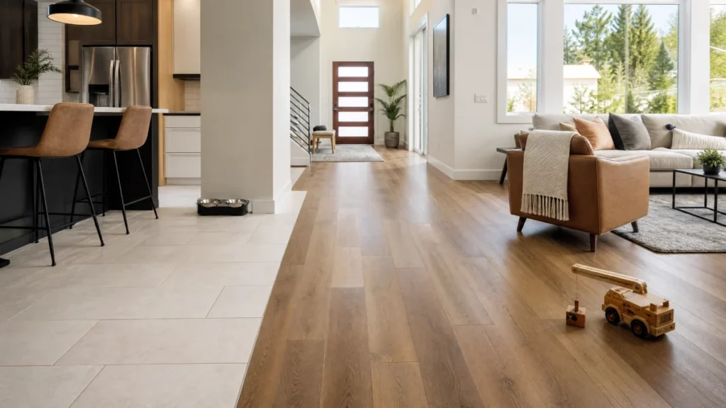 Modern California home interior featuring a transition from waterproof luxury vinyl plank (LVP) flooring in the living area to heat-resistant ceramic tile in the kitchen, ideal for pets and children.