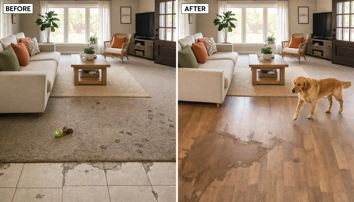 Before and after living room flooring renovation replacing stained carpet and damaged floor with hardwood planks, showing a golden retriever walking near a large wet spill.