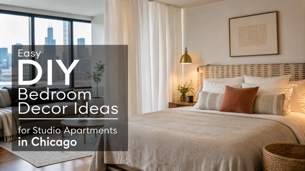 Easy DIY Bedroom Decor Ideas for Studio Apartments in Chicago', featuring a cozy studio bedroom with a curtain room divider, faux headboard, and city skyline view, emphasizing practical and stylish DIY solutions