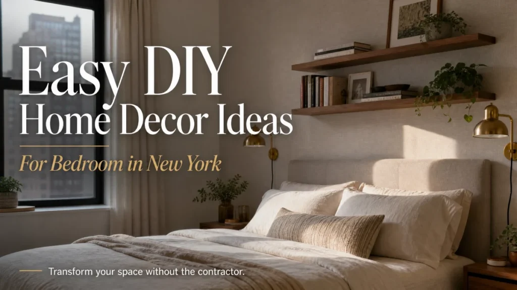 Easy DIY Home Decor Ideas for Bedroom in New York Cozy neutral bedroom in a New York apartment featuring floating wood shelves with plants, brass wall sconces, and a city view window, illustrating easy DIY home decor ideas.
