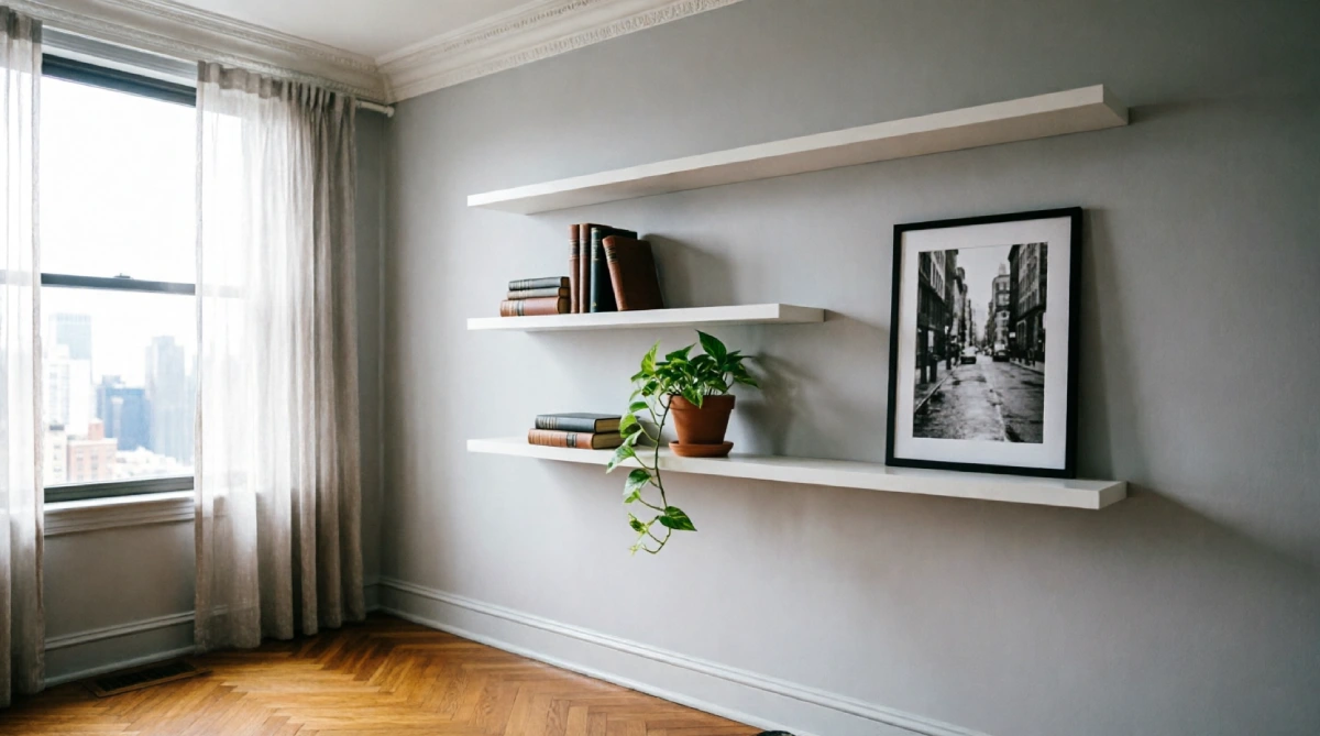 Easy DIY Home Decor Ideas for Bedroom in New York - DIY Projects - Homedecortoday Three white floating shelves mounted on gray wall in NYC pre-war bedroom with crown molding, displaying books, trailing pothos plant, and framed street photography print with breathing room between objects, hardwood herringbone floors and city view through window
