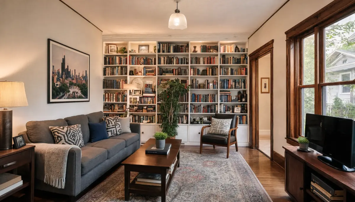 Bright living room featuring floor-to-ceiling white built-in bookshelves filled with books, a gray sofa with patterned throw pillows, a black leather armchair, a wooden coffee table, and a large framed cityscape print on the wall.