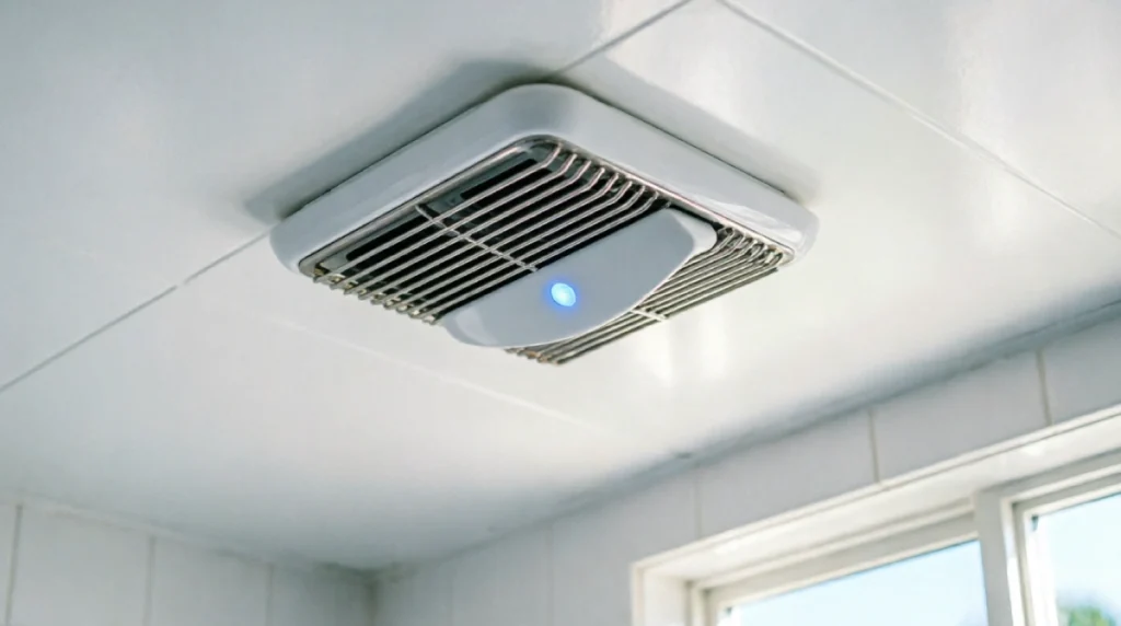 Bathroom Remodel Ideas for Small Homes in Florida (That Actually Work) - Remodeling - Homedecortoday Modern 110 CFM humidity-sensing bathroom exhaust fan with blue indicator light installed in white ceiling, Florida bathroom moisture control upgrade preventing mold damage