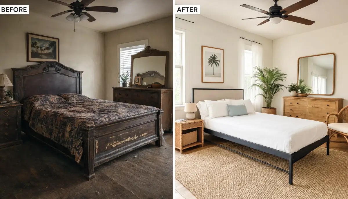 Before and after bedroom makeover in a Florida home, showing dark ornate wood furniture replaced with a light coastal style black metal bed frame, rattan nightstands, natural jute rug, and warm wood dresser with white bedding and palm tree wall art