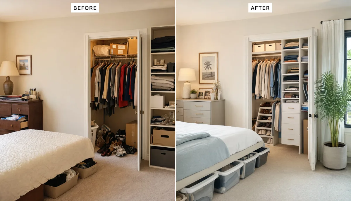 Before and after bedroom closet organization in a Florida home, showing a cluttered open closet with shoes on the floor and overloaded shelves transformed into a built-in white closet system with shoe rack, drawer unit, neatly hung clothes, and under-bed storage bins