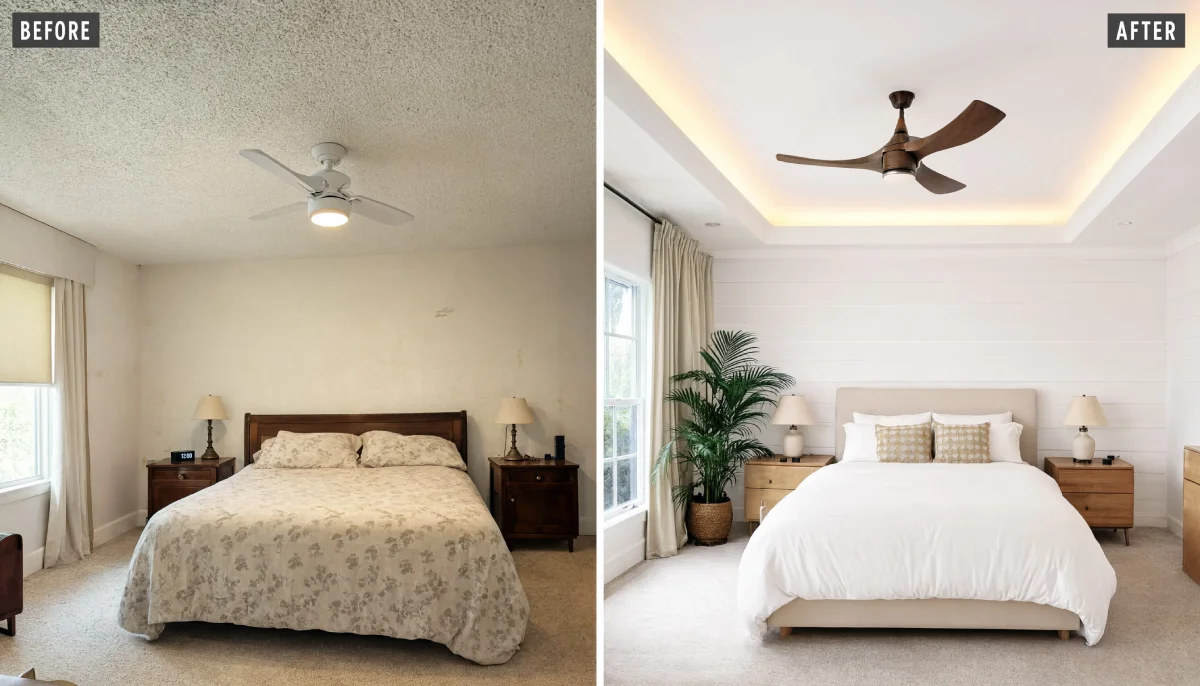 Before and after Florida bedroom ceiling and wall update, showing a popcorn ceiling with a basic white fan and stained walls replaced by a tray ceiling with warm LED strip lighting, a dark wood three-blade fan, white shiplap walls, and a linen upholstered bed with walnut nightstands