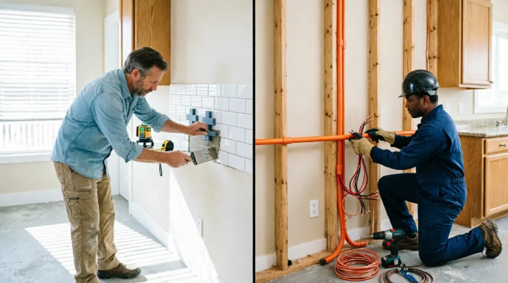 Side-by-side comparison of a homeowner doing DIY backsplash tile and a licensed contractor running electrical in a Florida kitchen remodel