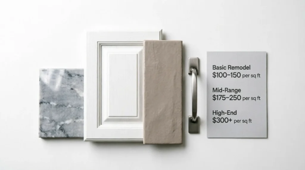 Kitchen remodel material samples including quartz countertop, white cabinet door, and porcelain tile for Florida home renovation cost planning