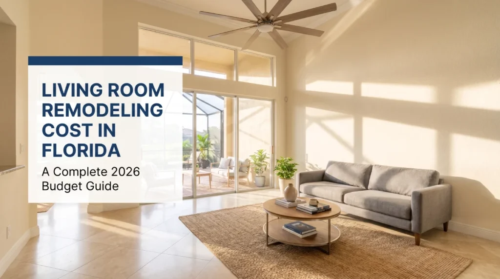 Living room with sliding glass doors, gray sofa, and natural light - Florida remodeling cost guide 2026