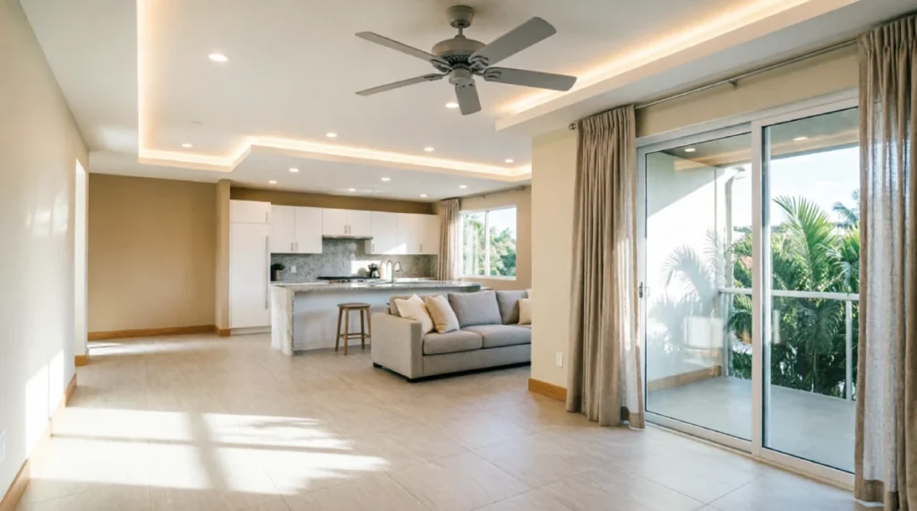 Remodeled Florida living room with porcelain tile flooring, damp-rated ceiling fan, impact-resistant sliding doors to screened lanai, neutral coastal palette, recessed lighting, open kitchen layout